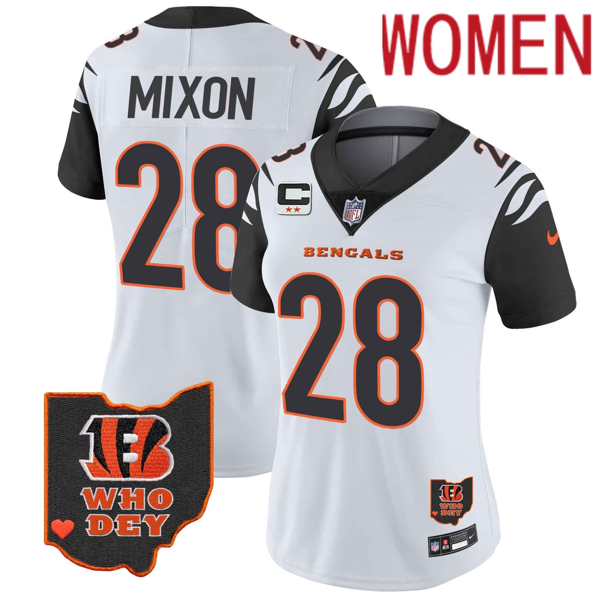 Women Cincinnati Bengals #28 Mixon White 2024 Nike Patch Vapor Limited NFL Jersey style 1